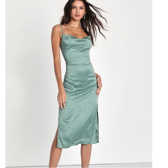 Lulus Total Stunner Sage Green Satin Jacquard Cowl Neck Dress - Picture 3 of 6
